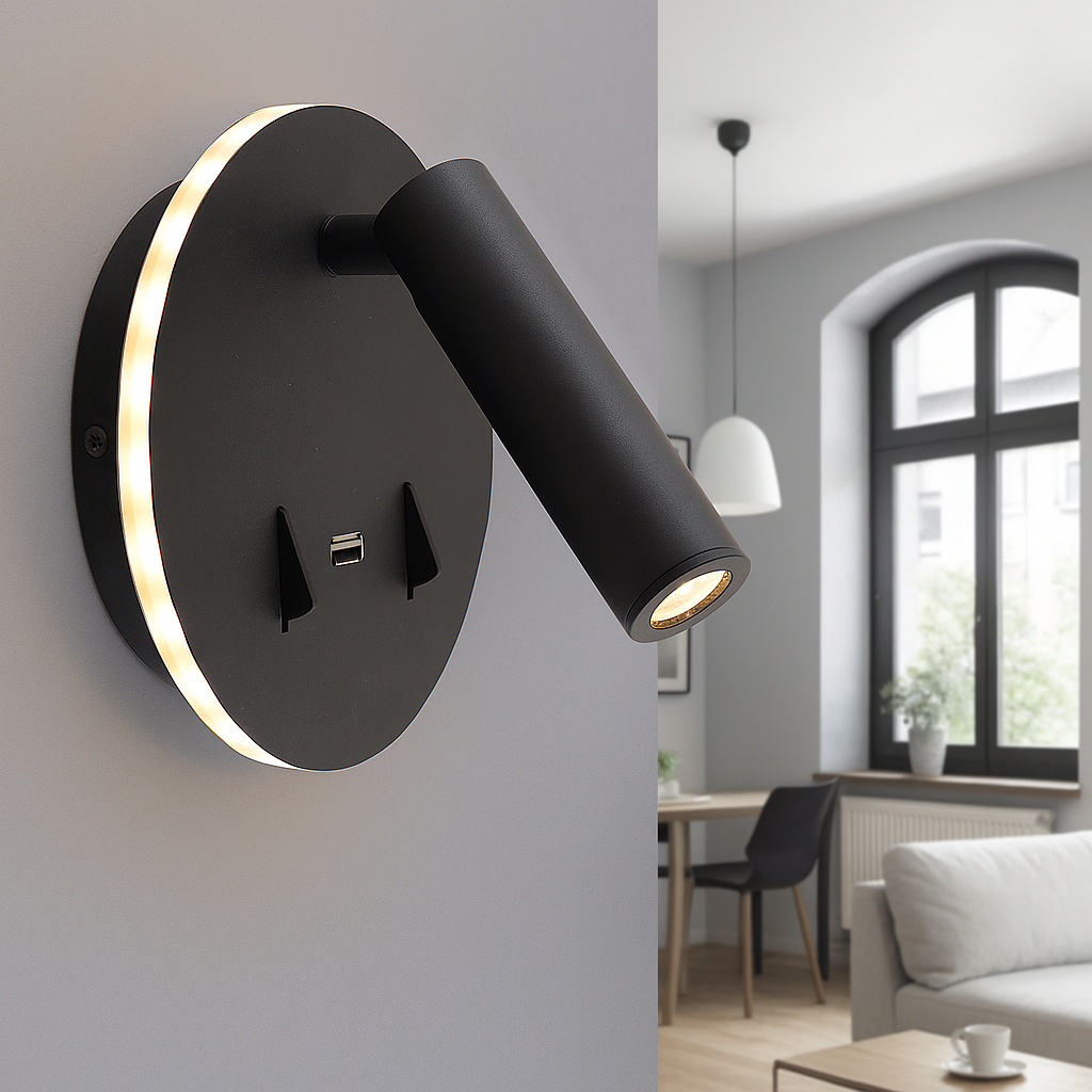 Applique murale noire moderne, Alec, 9W, 3000K LED, avec interrupteur