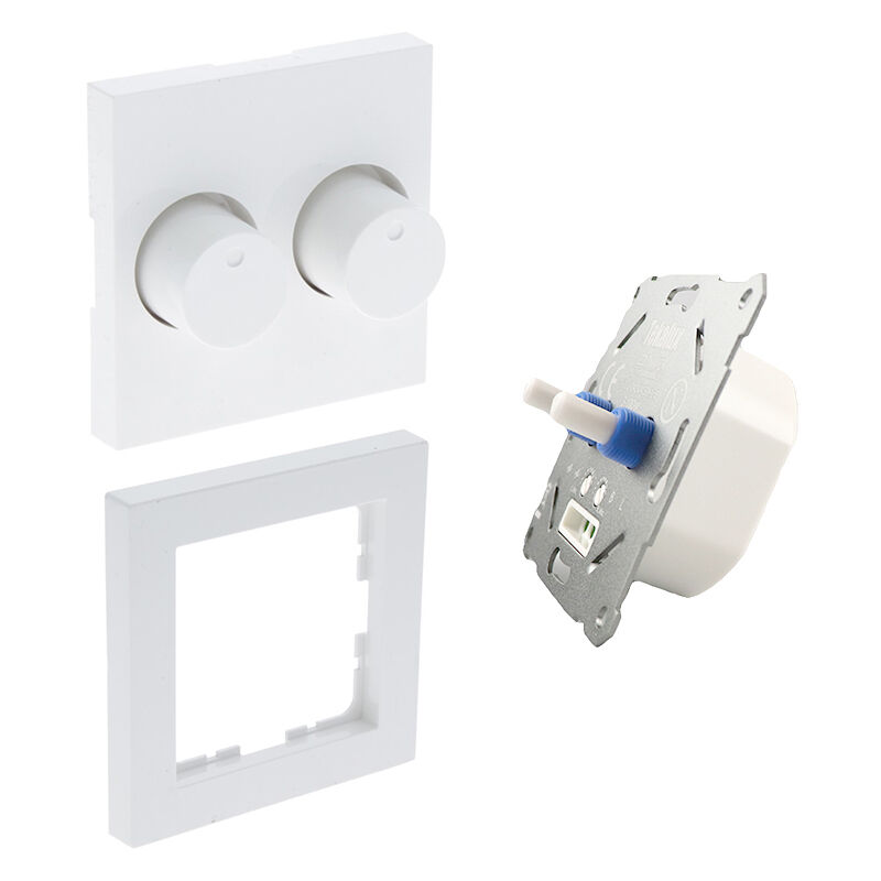 Variateur duo, interrupteur, avec cadre de recouvrement blanc et plaque centrale
