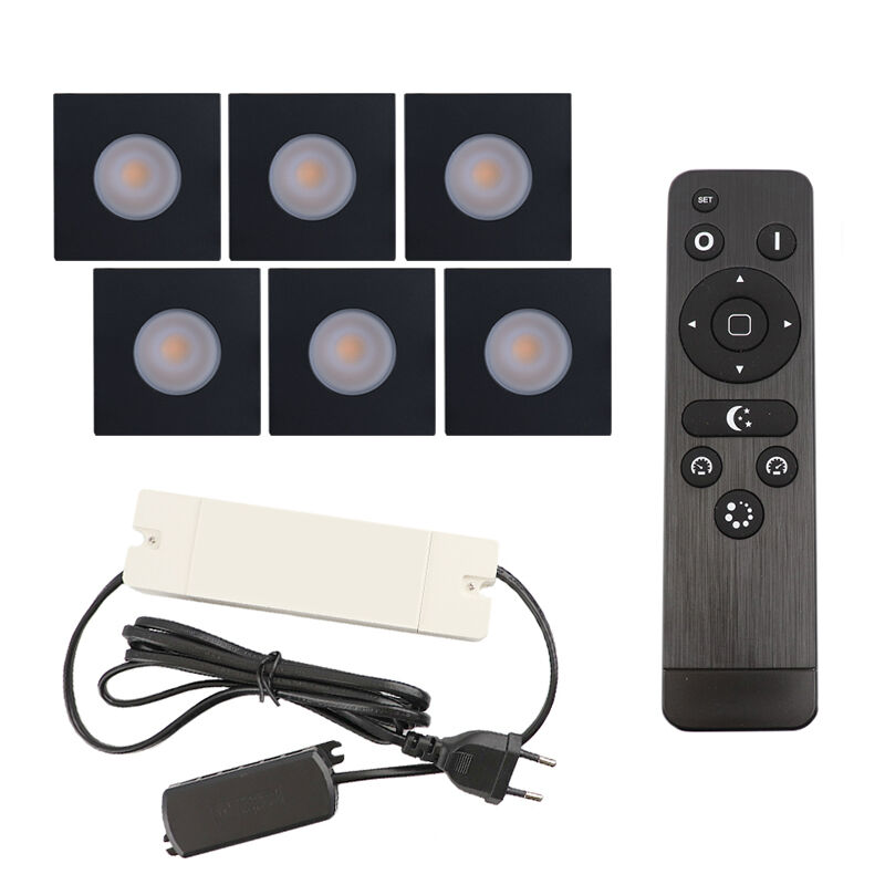 6 spots encastrés veranda carrés noir Dico, IP65, avec kit de connexion et télécommande