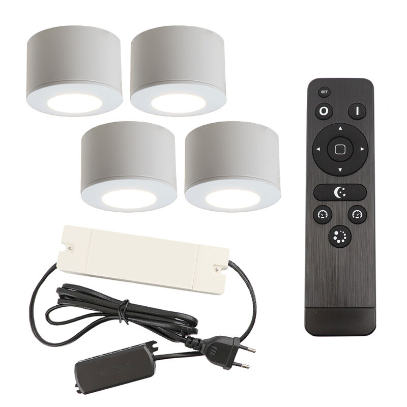 4 spots en saillie veranda ronds blancs Vasso, IP44, avec kit de connexion et télécommande