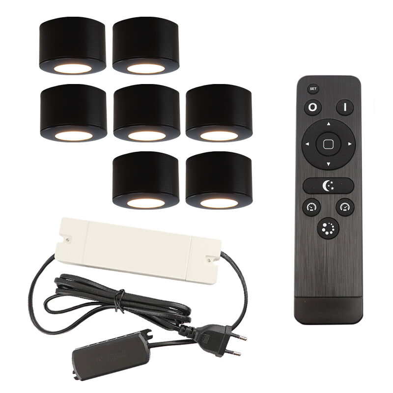 7 spots en saillie veranda ronds noirs Vasso, IP44, avec kit de connexion et télécommande