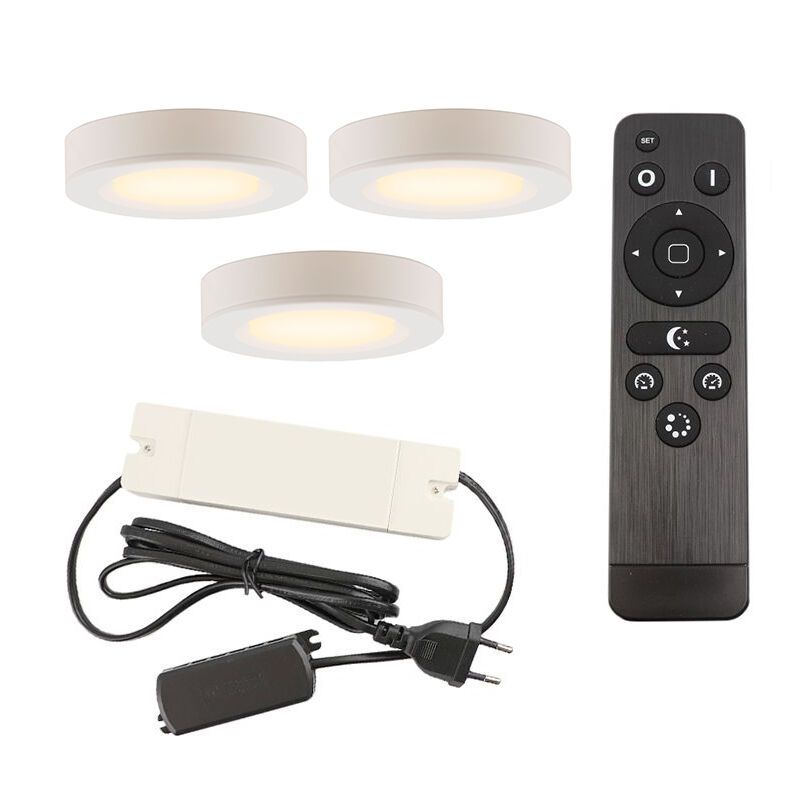 3 lampes rondes sous placard de cuisine, blanc, avec kit de connexion et télécommande