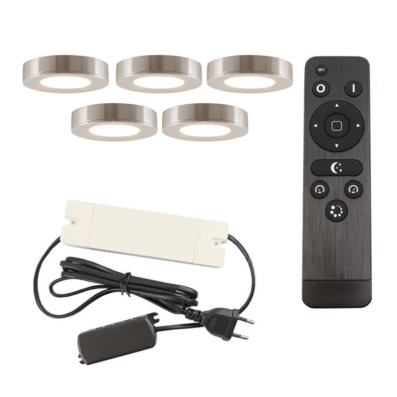 5 lampes rondes sous placard de cuisine, argent, avec kit de connexion et télécommande