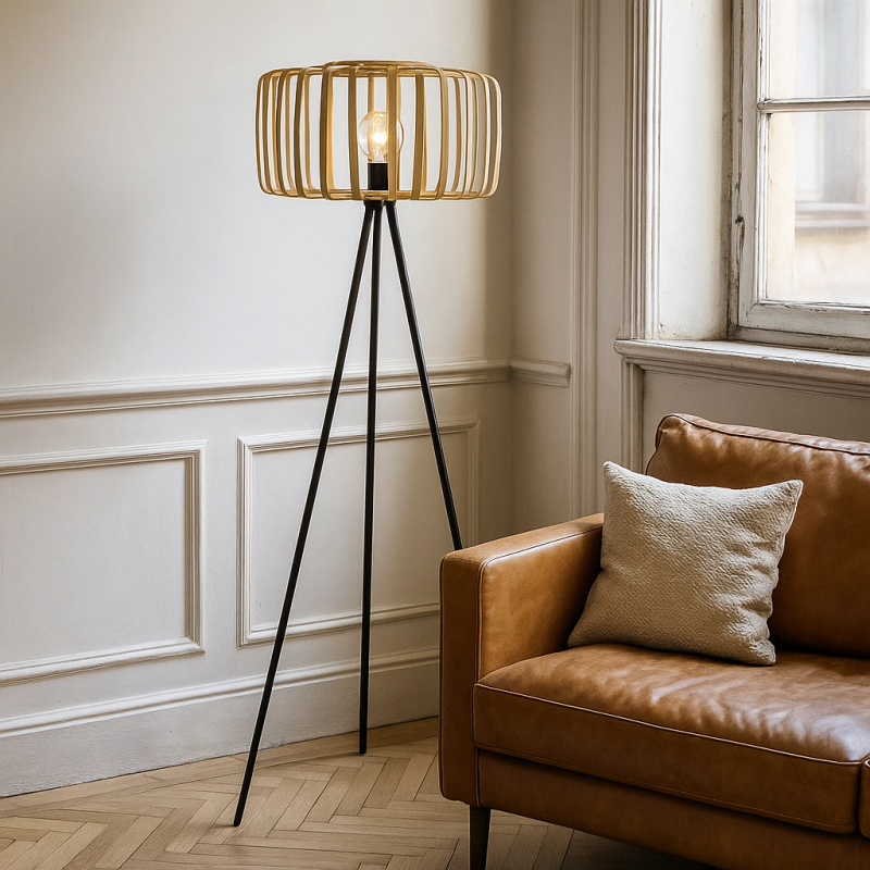 Lampadaire en bambou marron, Tina, avec interrupteur