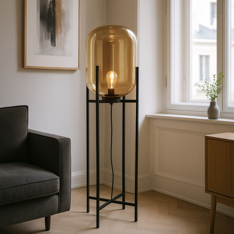 Lampadaire ambre rétro, Roxy, avec interrupteur