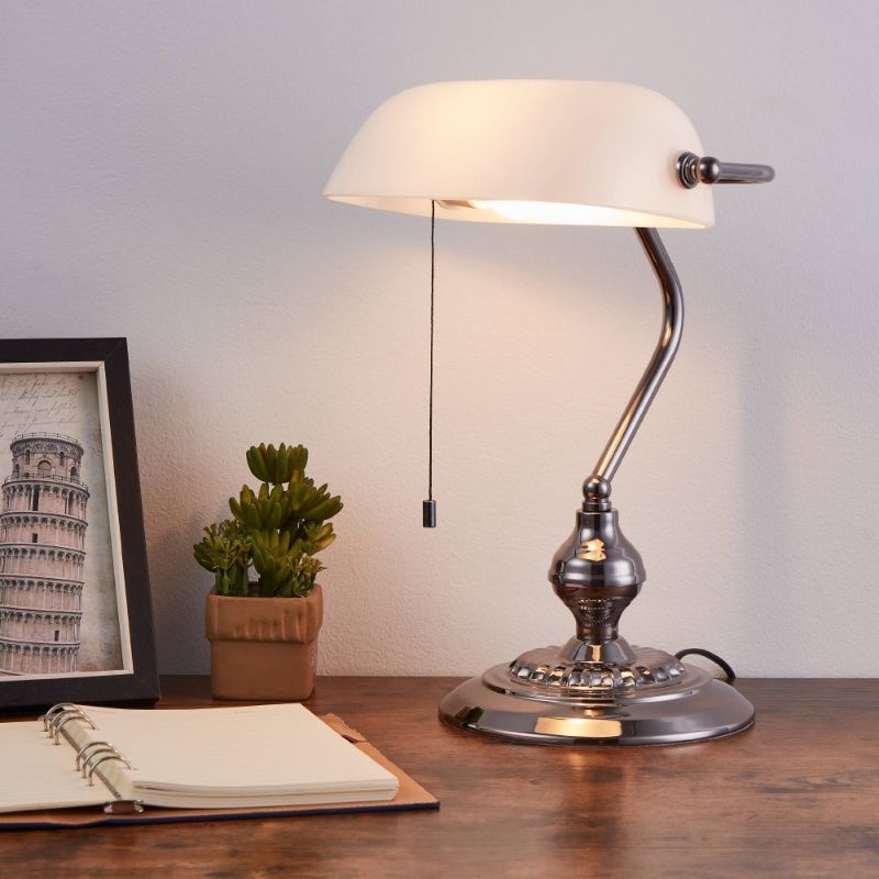 Lampe de banquier nickel en acier, Lugco, avec interrupteur à tirette Lampe de banquier nickel en acier, Lugco, avec interrupteur à tirette