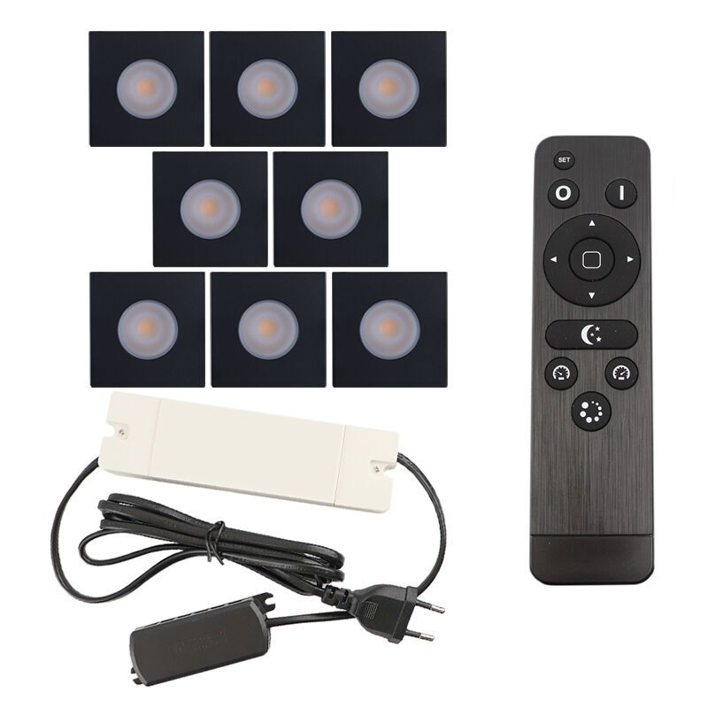 8 spots encastrés veranda carrés noir Dico, IP65, avec kit de connexion et télécommande 8 spots encastrés veranda carrés noir Dico, IP65, avec kit de connexion et télécommande