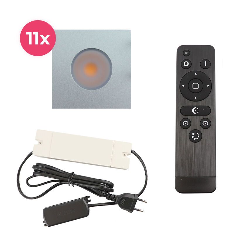 11 spots encastrés veranda carrés chromé Dico, IP65, avec kit de connexion et télécommande