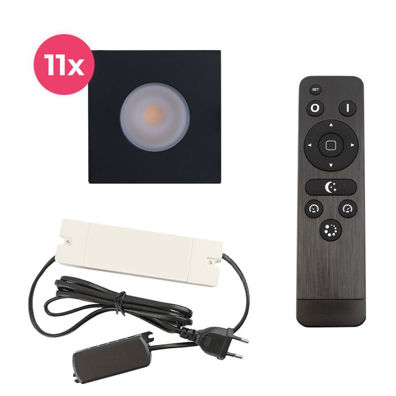 11 spots encastrés veranda carrés noir Dico, IP65, avec kit de connexion et télécommande