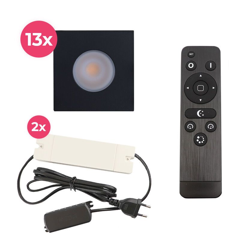 13 spots encastrés veranda carrés noir Dico, IP65, avec kit de connexion et télécommande