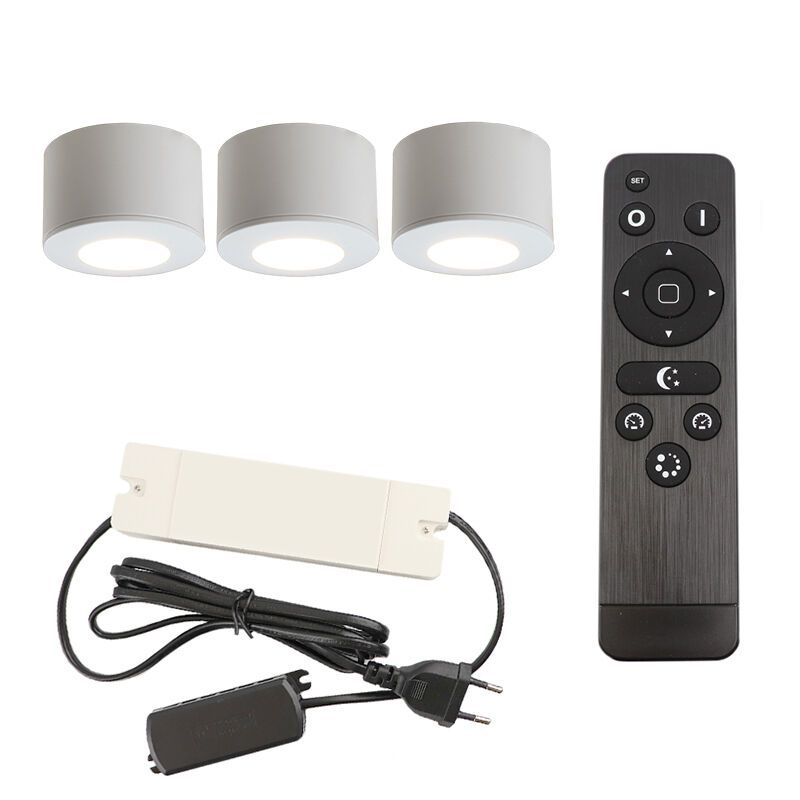 3 spots en saillie veranda ronds blancs Vasso, IP44, avec kit de connexion et télécommande