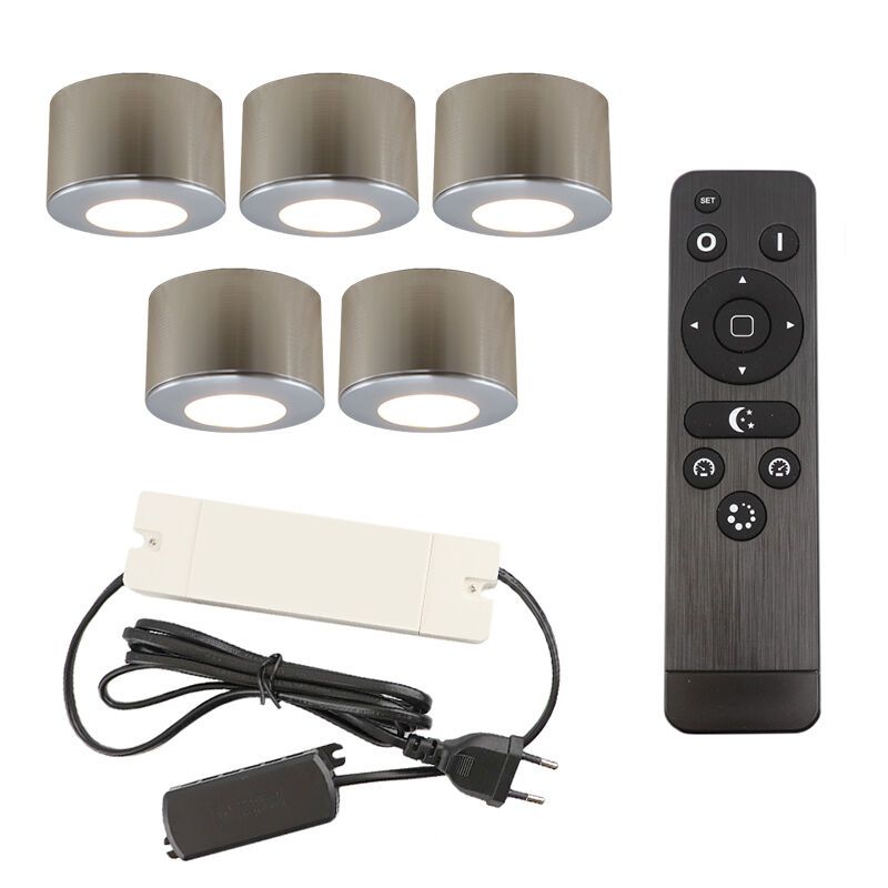 5 spots en saillie veranda ronds chromés Vasso, IP44, avec kit de connexion et télécommande