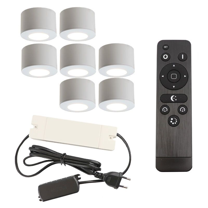 7 spots en saillie veranda ronds blancs Vasso, IP44, avec kit de connexion et télécommande