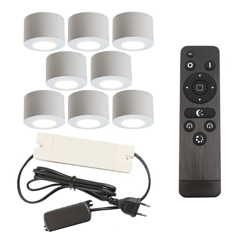 8 spots en saillie veranda ronds blancs Vasso, IP44, avec kit de connexion et télécommande