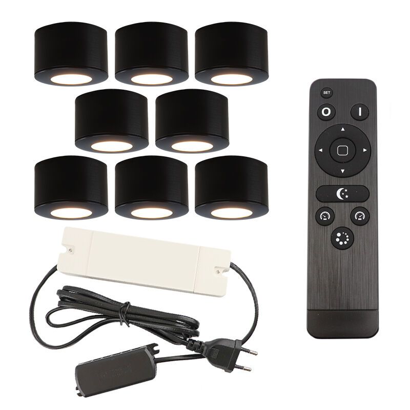 8 spots en saillie veranda ronds noirs Vasso, IP44, avec kit de connexion et télécommande