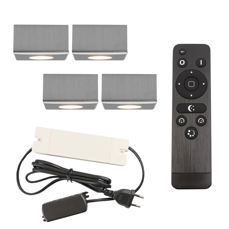 4 spots en saillie veranda carrés chromés Fredo, IP44, avec kit de connexion et télécommande