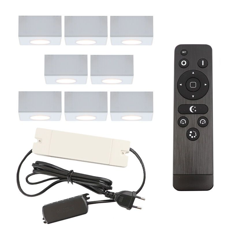 8 spots en saillie veranda carrés blancs Fredo, IP44, avec kit de connexion et télécommande