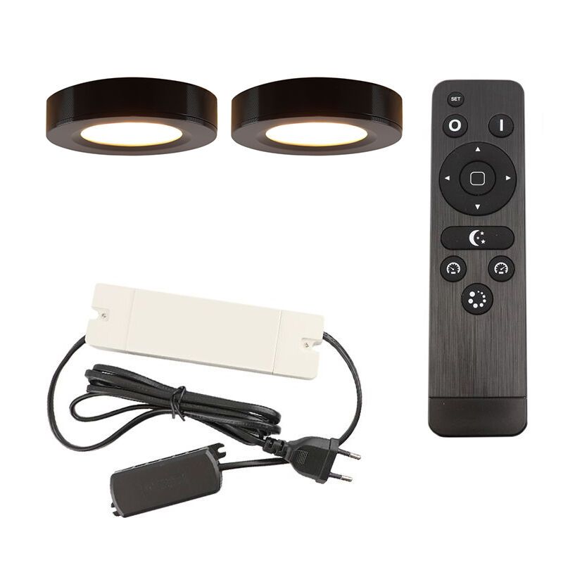 2 lampes rondes sous placard de cuisine, noir, avec kit de connexion et télécommande