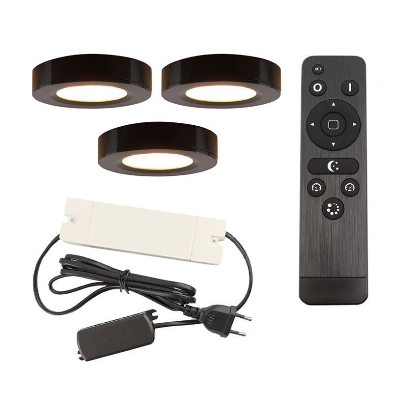 3 lampes rondes sous placard de cuisine, noir, avec kit de connexion et télécommande 3 lampes rondes sous placard de cuisine, noir, avec kit de connexion et télécommande