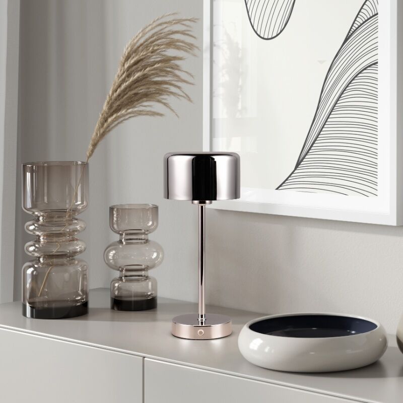 Lampe de table rechargeable moderne chromée, Dustin, 1W, 3000K LED, avec variateur tactile