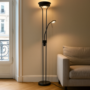 Lampadaire liseuse noir moderne, Salvador, 18W, 3000K LED, avec interrupteur