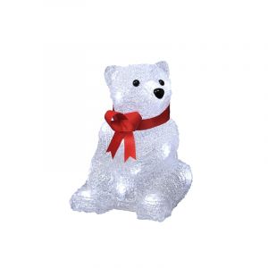 LED Ours polaire de Noël, assis avec un arc rouge 18cm, sur batterie, pour l'intérieur