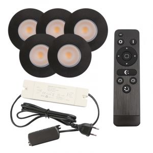 5 spots encastrés veranda noir Dico, IP65, avec kit de connexion et télécommande