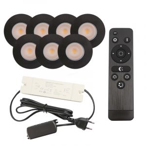 7 spots encastrés veranda noir Dico, IP65, avec kit de connexion et télécommande