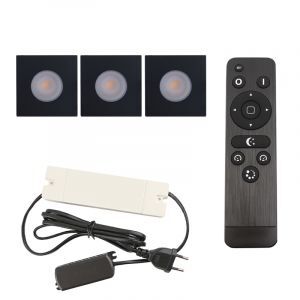 3 spots encastrés veranda carrés noir Dico, IP65, avec kit de connexion et télécommande