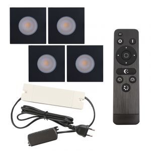 4 spots encastrés veranda carrés noir Dico, IP65, avec kit de connexion et télécommande