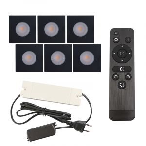 6 spots encastrés veranda carrés noir Dico, IP65, avec kit de connexion et télécommande
