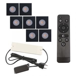 7 spots encastrés veranda carrés noir Dico, IP65, avec kit de connexion et télécommande