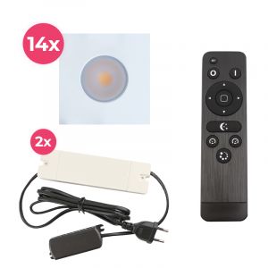 14 spots encastrés veranda carrés blanc Dico, IP65, avec kit de connexion et télécommande