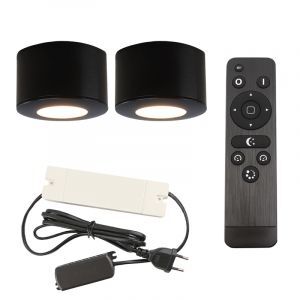 2 spots en saillie veranda ronds noirs Vasso, IP44, avec kit de connexion et télécommande