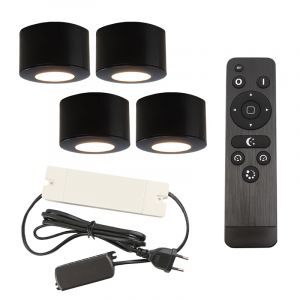 4 spots en saillie veranda ronds noirs Vasso, IP44, avec kit de connexion et télécommande