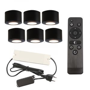 6 spots en saillie veranda ronds noirs Vasso, IP44, avec kit de connexion et télécommande