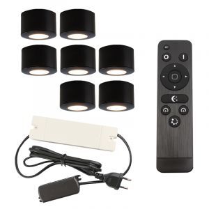 7 spots en saillie veranda ronds noirs Vasso, IP44, avec kit de connexion et télécommande