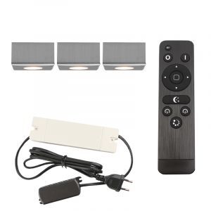 3 spots en saillie veranda carrés chromés Fredo, IP44, avec kit de connexion et télécommande