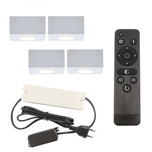 4 spots en saillie veranda carrés blancs Fredo, IP44, avec kit de connexion et télécommande