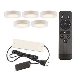 5 lampes rondes sous placard de cuisine, blanc, avec kit de connexion et télécommande