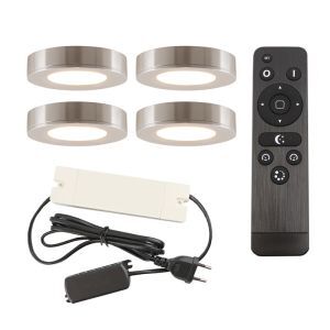 4 lampes rondes sous placard de cuisine, argent, avec kit de connexion et télécommande