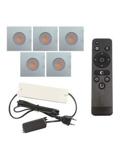5 spots encastrés veranda carrés chromé Dico, IP65, avec kit de connexion et télécommande