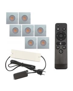 7 spots encastrés veranda carrés chromé Dico, IP65, avec kit de connexion et télécommande