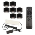 7 spots en saillie veranda ronds noirs Vasso, IP44, avec kit de connexion et télécommande