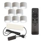 8 spots en saillie veranda ronds blancs Vasso, IP44, avec kit de connexion et télécommande