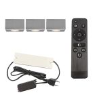 3 spots en saillie veranda carrés chromés Fredo, IP44, avec kit de connexion et télécommande