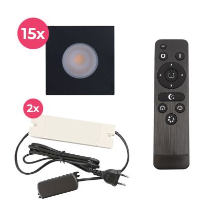 15 spots encastrés veranda carrés noir Dico, IP65, avec kit de connexion et télécommande