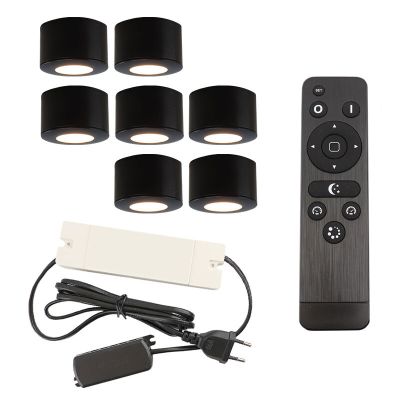 7 spots en saillie veranda ronds noirs Vasso, IP44, avec kit de connexion et télécommande