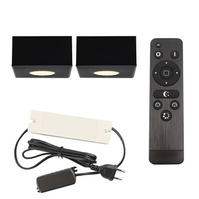 2 spots en saillie veranda carrés noirs Fredo, IP44, avec kit de connexion et télécommande