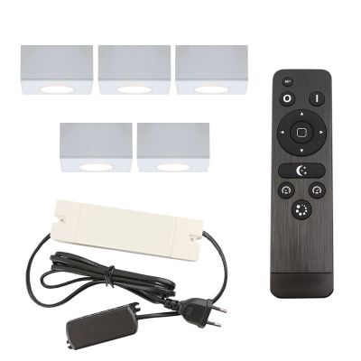 5 spots en saillie veranda carrés blancs Fredo, IP44, avec kit de connexion et télécommande